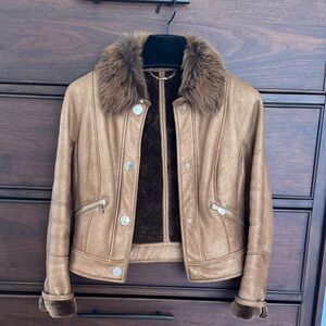 VERSACE Collection Tan Teddy Jacket with Faux Fur Collar, 40(ХS)